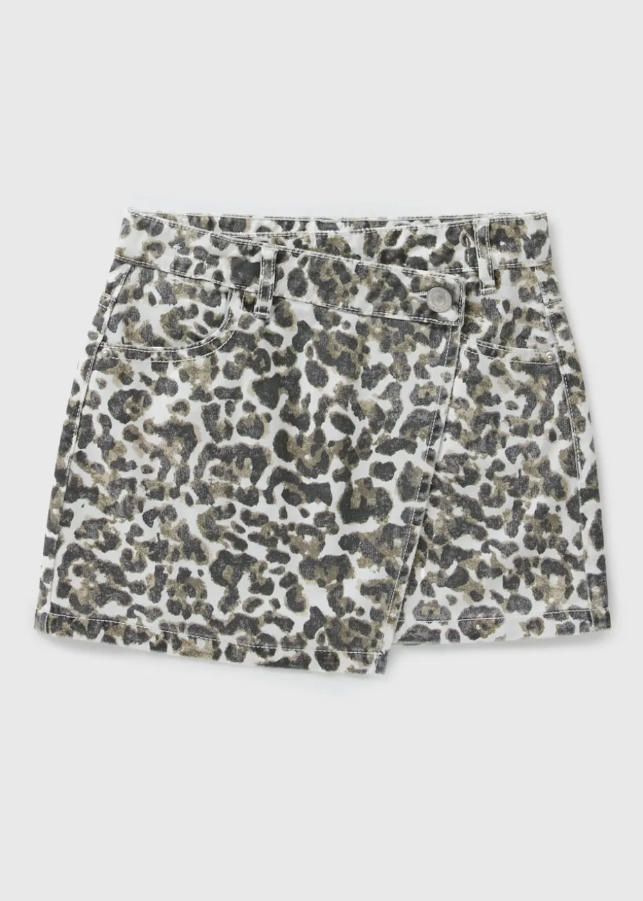 Girls Brown Animal Print Wrap Mini Skirt (7-15yrs)