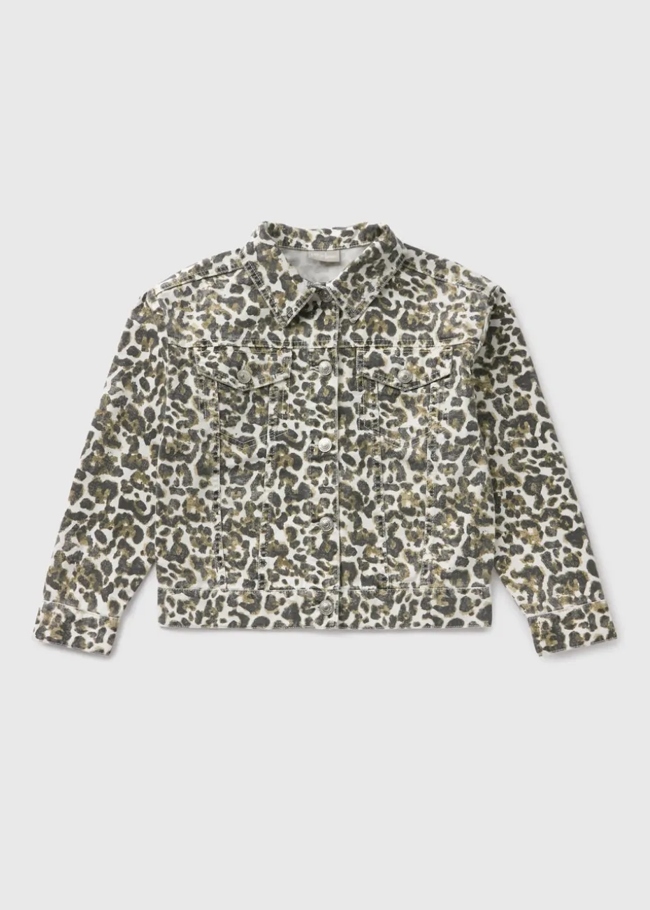 Girls Cream Leopard Print Denim Jacket (7-15yrs)