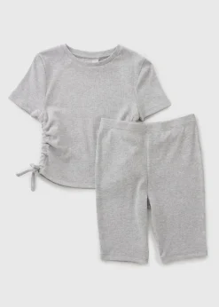 Girls Grey Ruched Top & Cycle Shorts Set (7-15yrs)
