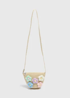 Girls Natural Straw Daisy Crossbody Bag