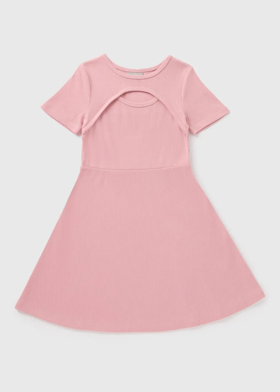 Girls Pink Ribbed Fit & Flare Dress (7-15yrs)