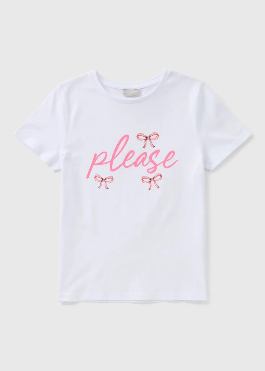 Girls White Please Bow T-Shirt (7-15yrs)