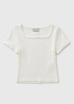 Girls White Pointelle T-Shirt (7-15yrs)