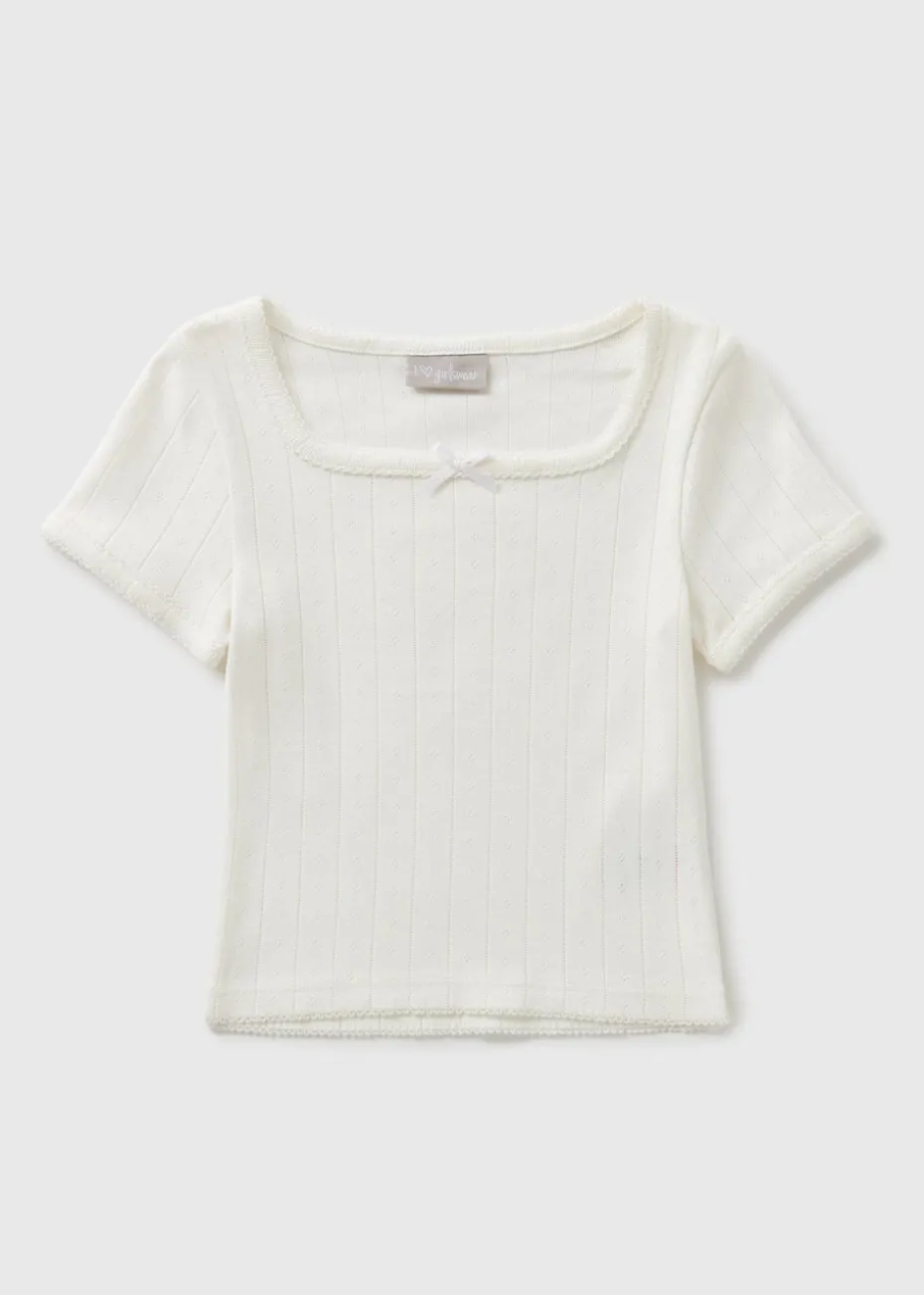 Girls White Pointelle T-Shirt (7-15yrs)