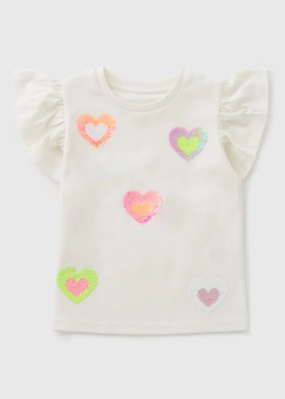 Girls White Sequin Heart T-Shirt (1-7yrs)
