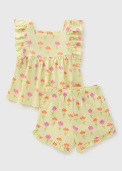 Girls Yellow Flower Frill Top & Shorts Set (1-7yrs)