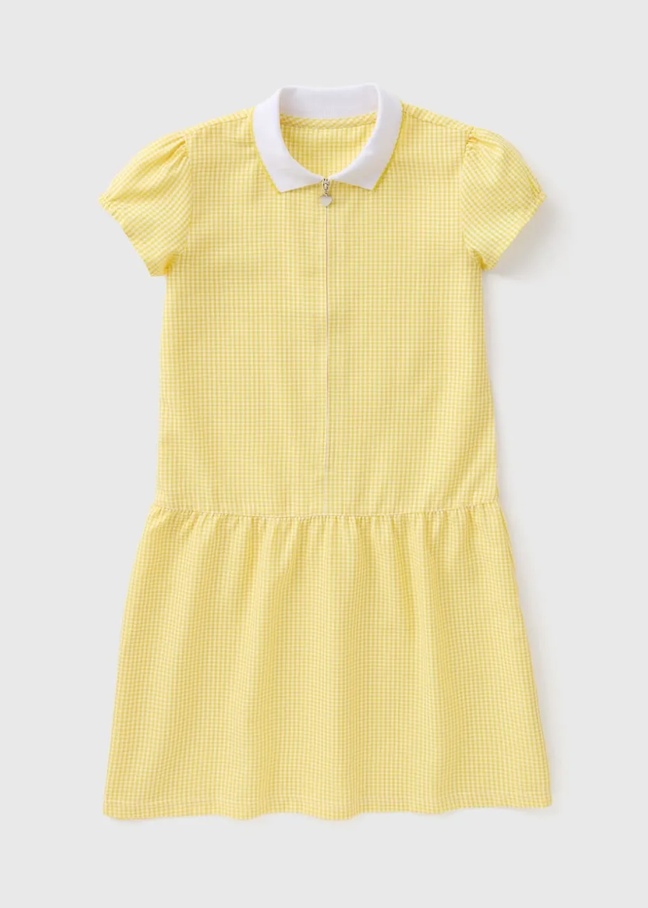 Girls Yellow Gingham Knit Collar School Dress (3-13yrs)