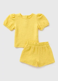 Girls Yellow Textured Puff Sleeve &  Shorts Set (1-7yrs)