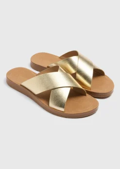 Gold Faux Leather Cross Strap Sandals