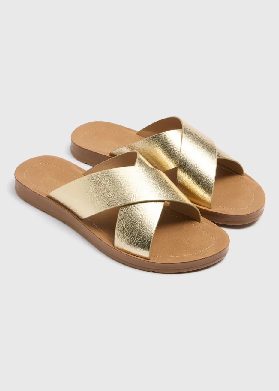 Gold Faux Leather Cross Strap Sandals