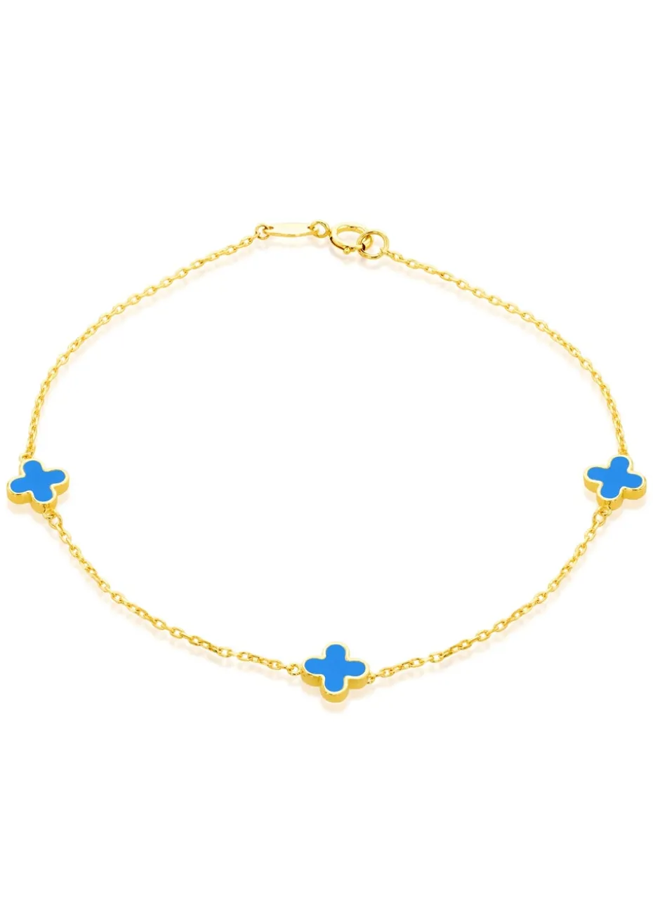 Golden Moments 9ct Yellow Gold 3 x 6.5mm Turquoise Clover Petals Bracelet