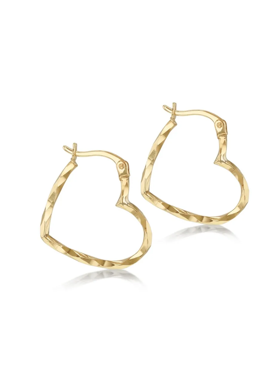 Golden Moments 9ct Yellow Gold Diamond Cut Heart Hoop Earrings