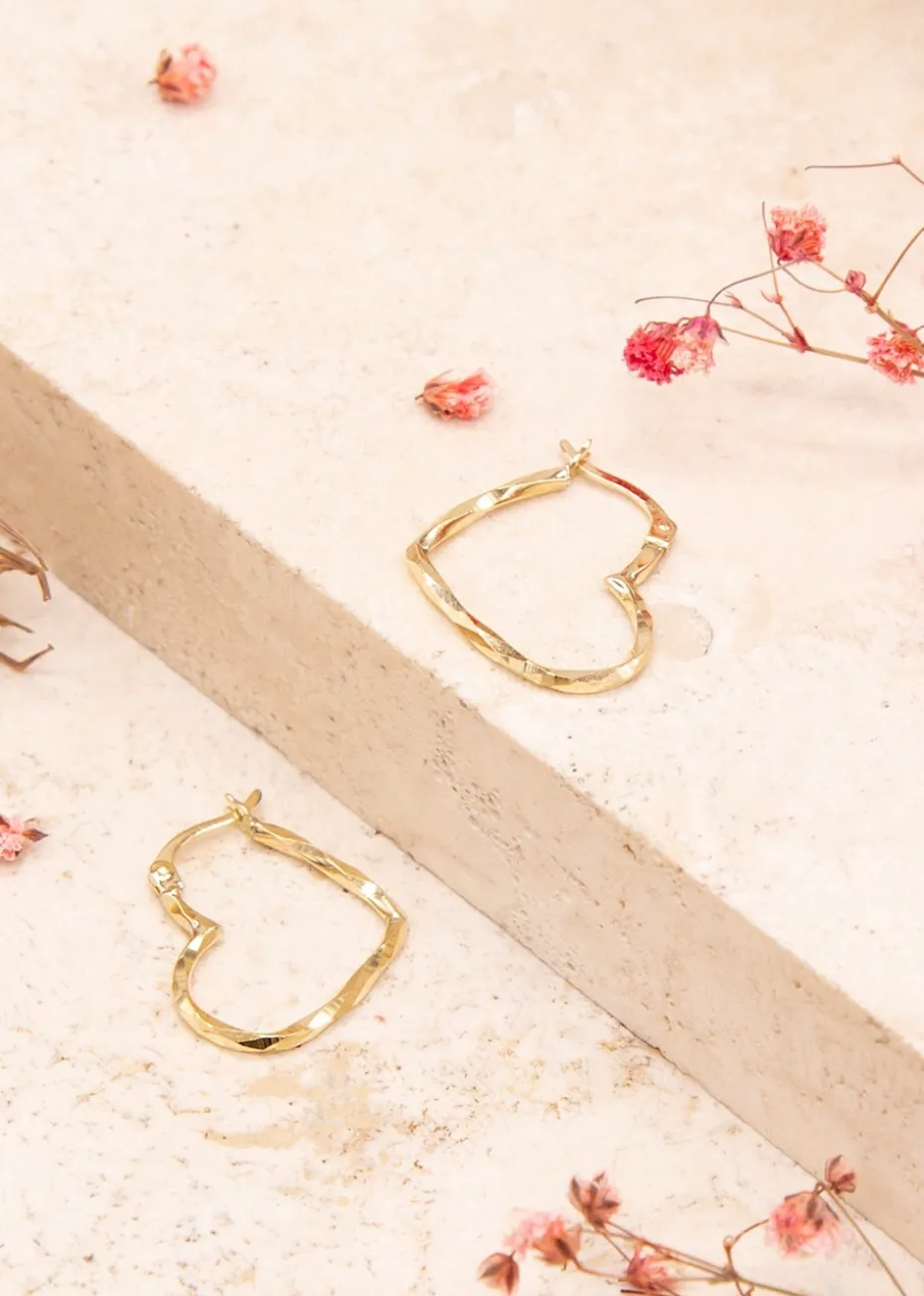 Golden Moments 9ct Yellow Gold Diamond Cut Heart Hoop Earrings