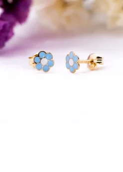 Golden Moments 9ct Yellow Gold Blue Enamel Flower Stud Earrings