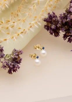 Golden Moments 9ct Yellow Gold Fresh Water Pearls with Round Blue CZ Stud Earrings