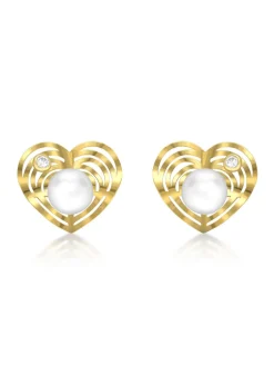 Golden Moments 9ct Yellow Gold Freshwater Pearl and CZ Heart Stud Earrings