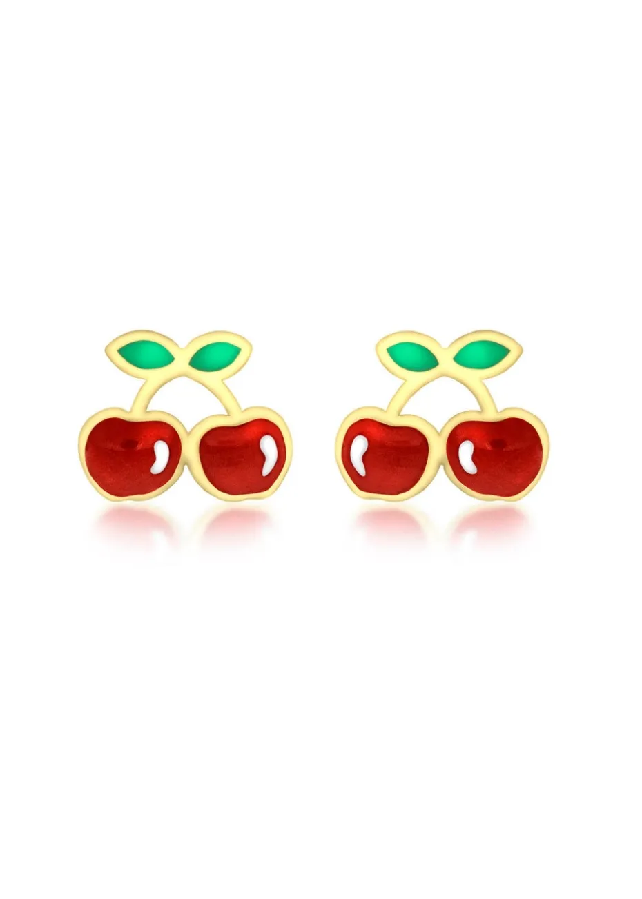 Golden Moments 9ct Yellow Gold Enamel Cherries Stud Earrings