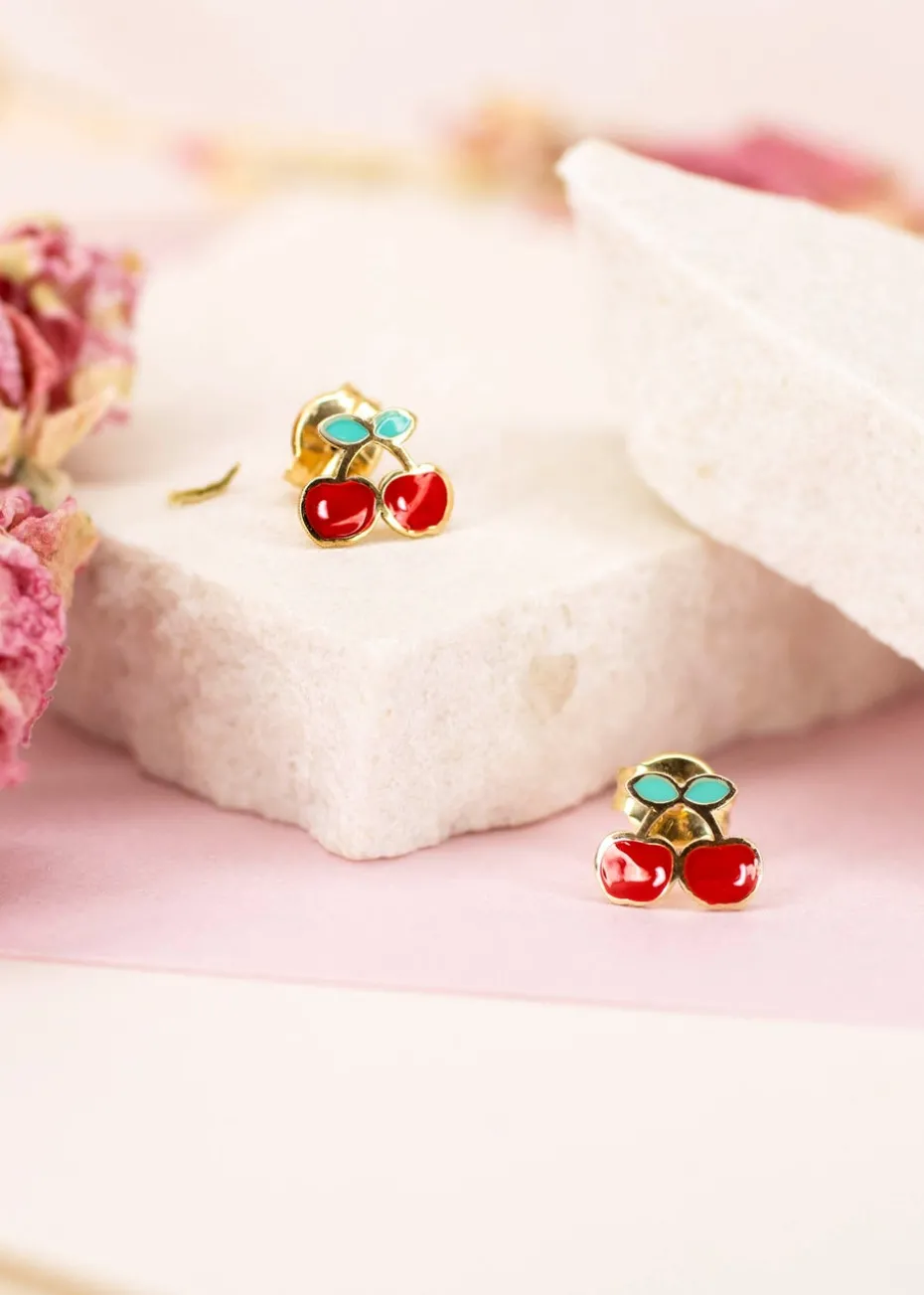 Golden Moments 9ct Yellow Gold Enamel Cherries Stud Earrings
