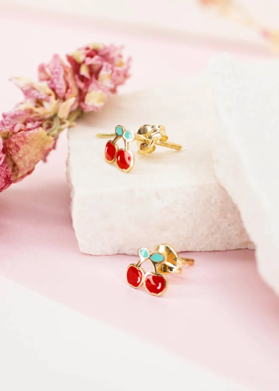 Golden Moments 9ct Yellow Gold Enamel Cherries Stud Earrings