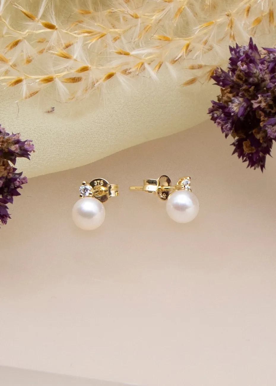Golden Moments 9ct Yellow Gold Fresh Water Pearls with Round White CZ Stud Earrings