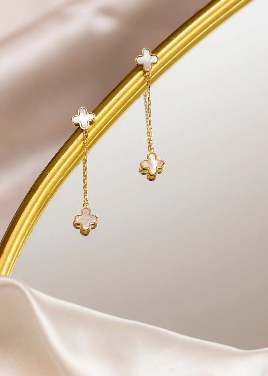 Golden Moments 9ct Yellow Gold Mother of Pearls Clover Petals Drop Stud Earrings