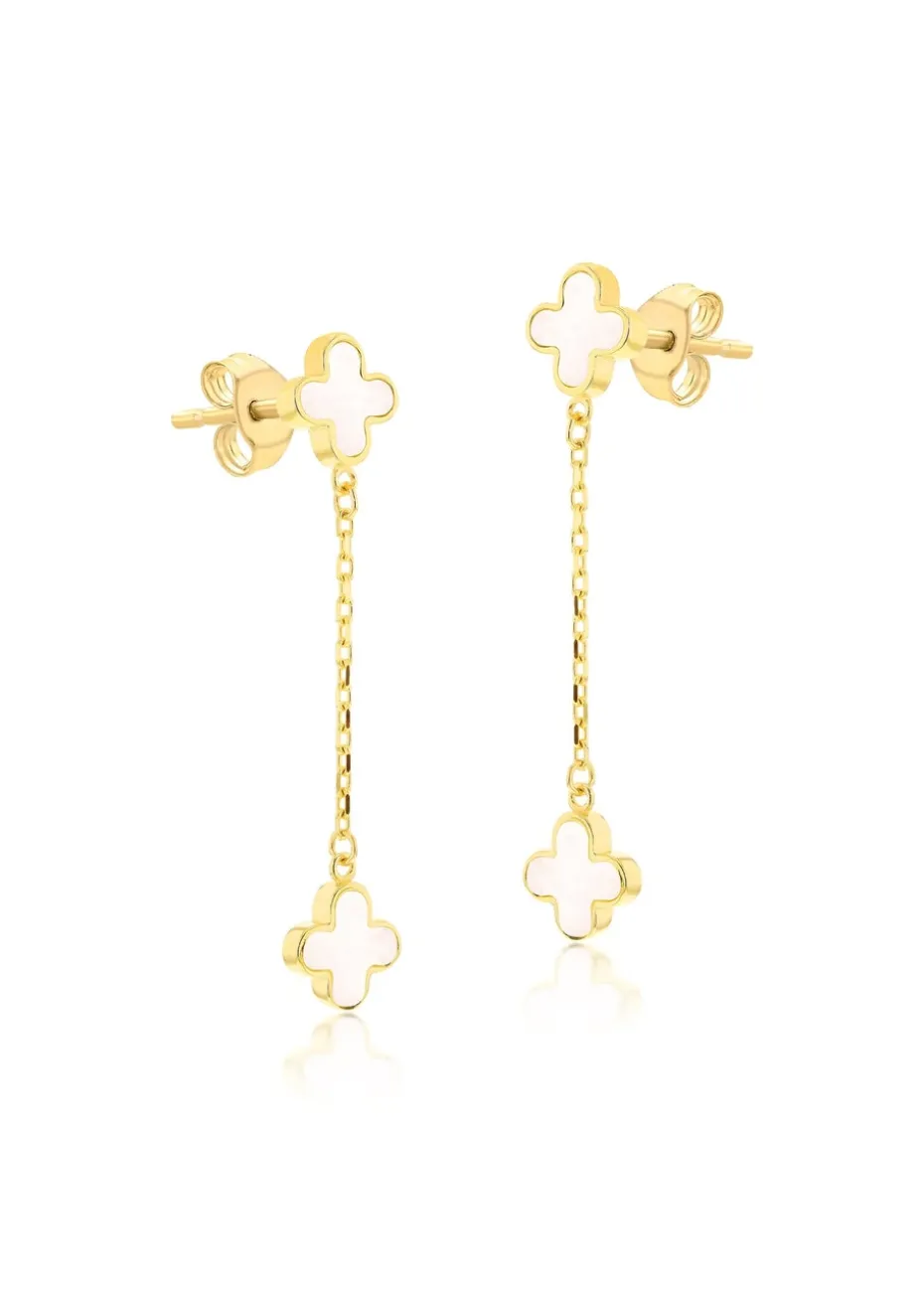 Golden Moments 9ct Yellow Gold Mother of Pearls Clover Petals Drop Stud Earrings
