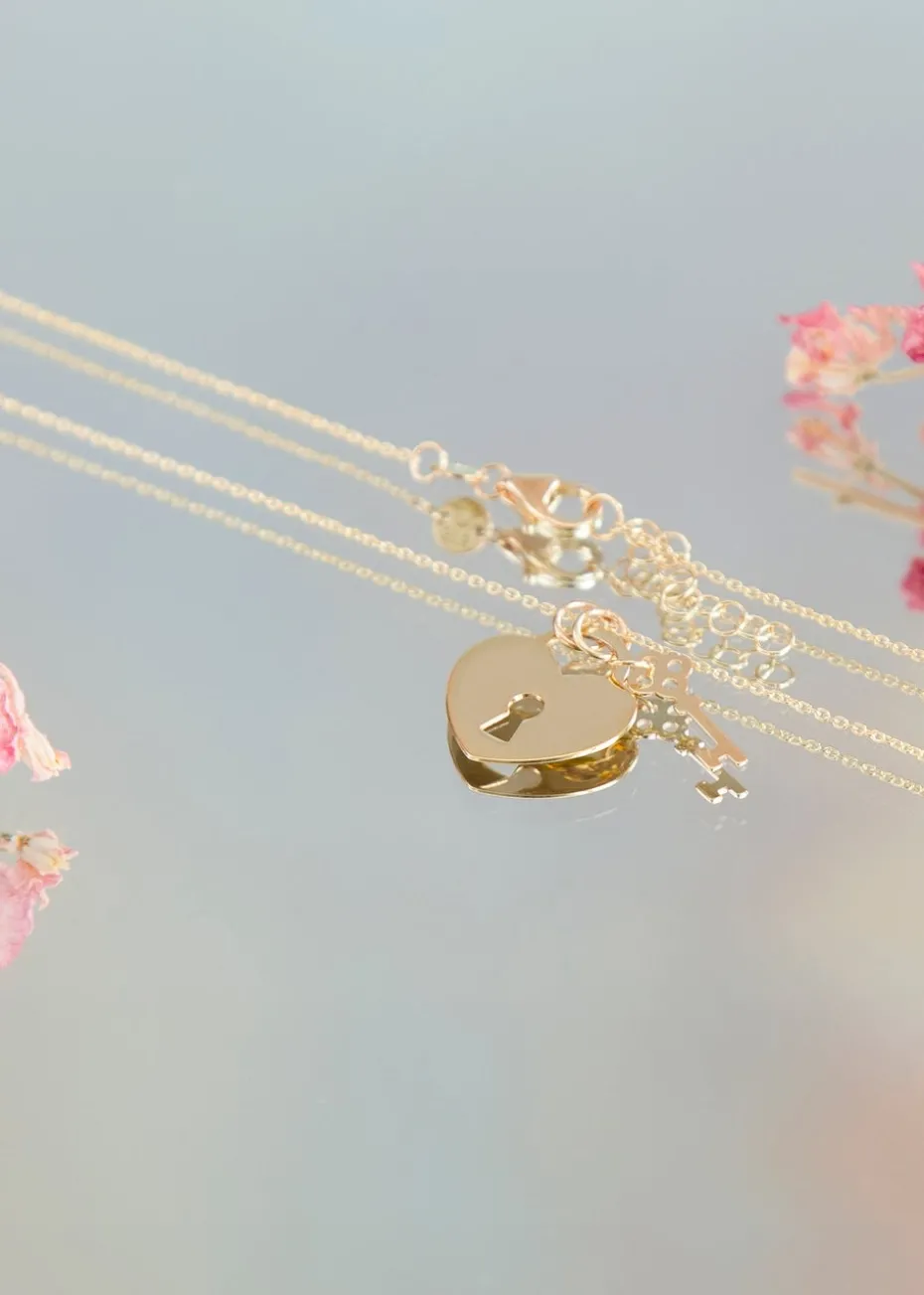 Golden Moments 9ct Yellow Gold Heart-Padlock and Key Adjustable Necklace