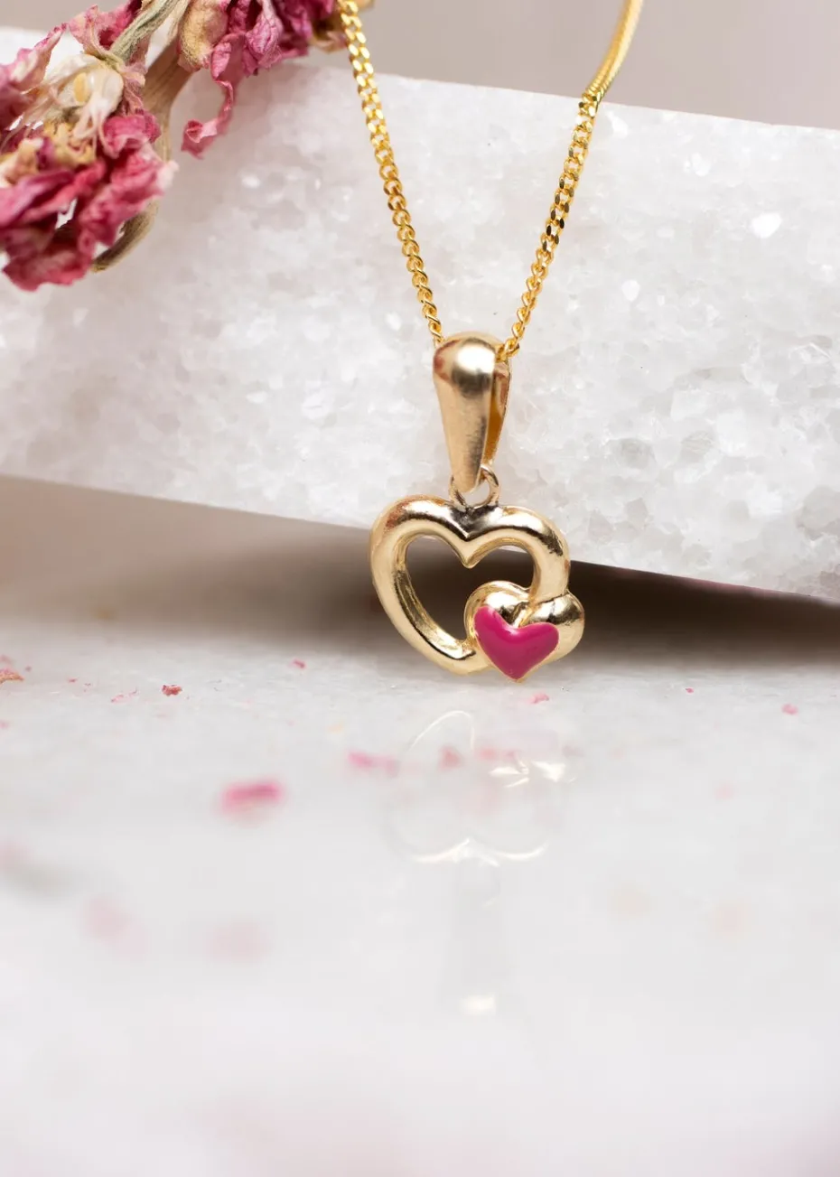 Golden Moments 9ct Yellow Gold Pink Enamel Heart Pendant
