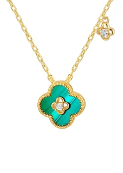 Golden Moments Gold Plated Clover Malachite CZ Accent Necklace