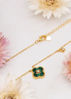 Golden Moments Gold Plated Clover Malachite CZ Accent Necklace