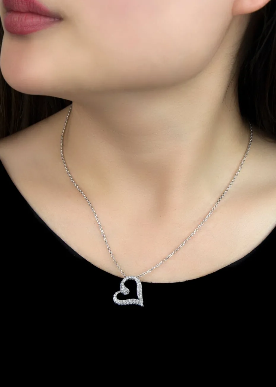 Golden Moments Rhodium Plated CZ Scroll Heart Pendant Adjustable Necklace