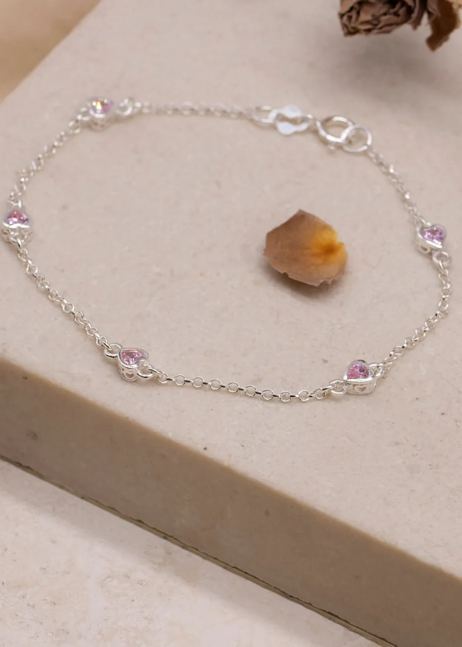 Golden Moments Sterling Silver Pink CZ Heart Bracelet