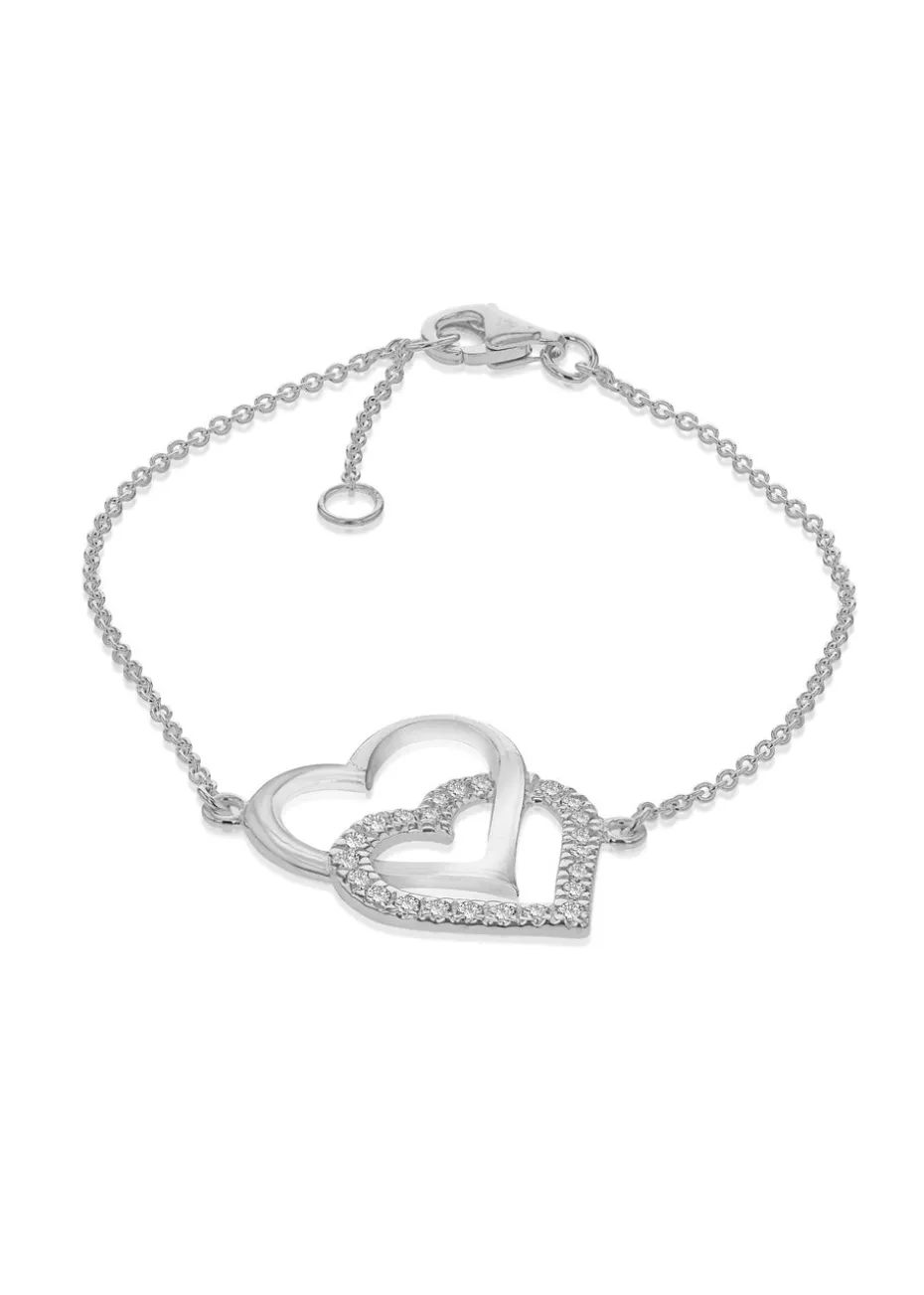 Golden Moments Sterling Silver CZ Double-Heart Adjustable Bracelet
