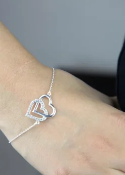 Golden Moments Sterling Silver CZ Double-Heart Adjustable Bracelet
