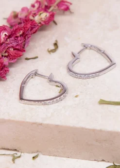 Golden Moments Sterling Silver Rhodium Plated Round White CZs Heart Hoop Earrings