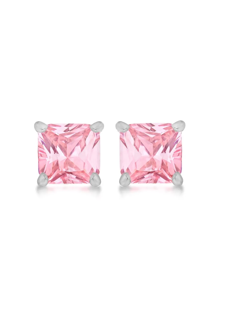 Golden Moments Sterling Silver Square Pink CZ Stud Earrings