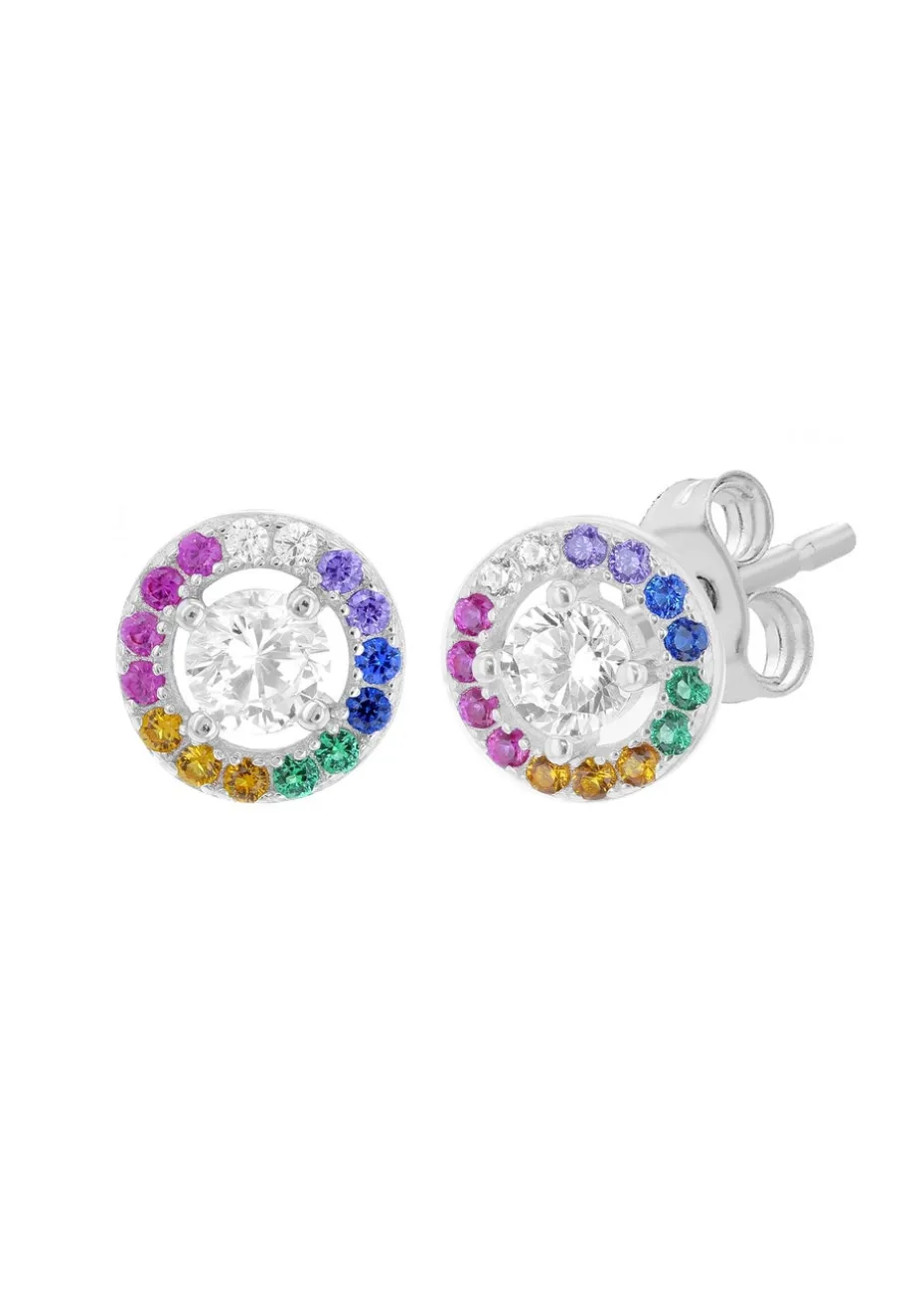 Golden Moments Sterling Silver Multi-Coloured CZ Disc Stud Earrings