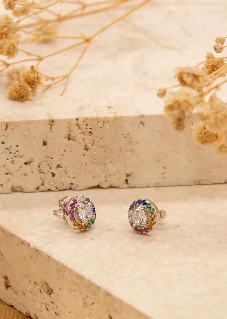 Golden Moments Sterling Silver Multi-Coloured CZ Disc Stud Earrings