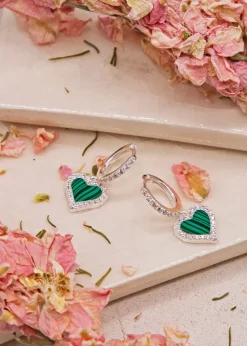 Golden Moments Sterling Silver Malachite and CZ Heart Drop Earring