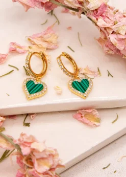 Golden Moments Sterling Silver Yellow Gold Plated Malachite and CZ Heart Drop Earring