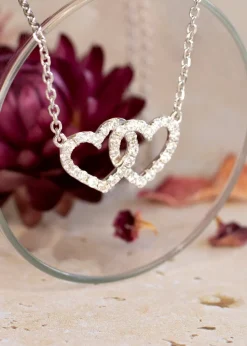 Golden Moments Sterling Silver Rhodium Plated CZ Double-Heart Adjustable Necklet