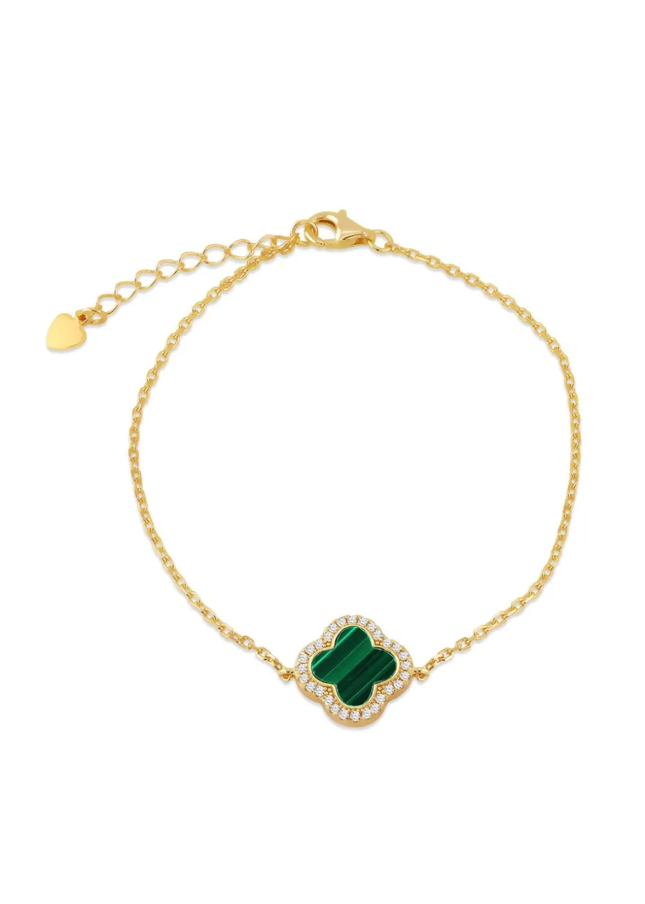 Golden Moments Yellow Gold Plated Clover Malachite and CZ Bracelet