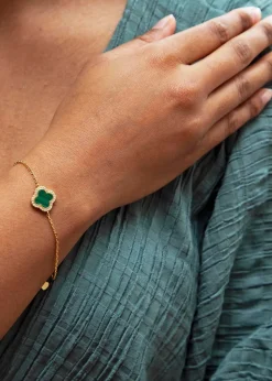 Golden Moments Yellow Gold Plated Clover Malachite and CZ Bracelet