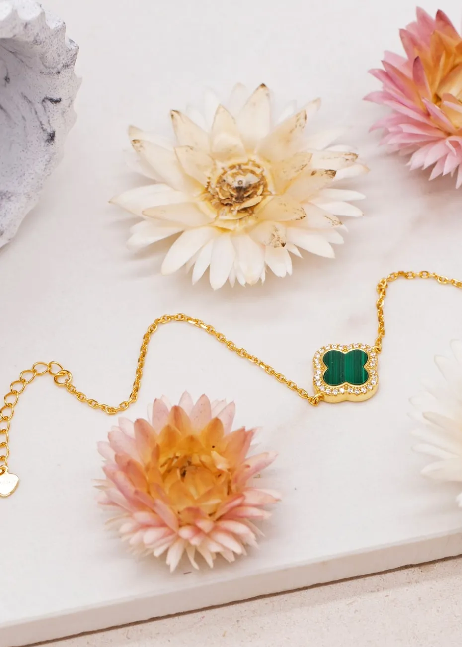 Golden Moments Yellow Gold Plated Clover Malachite and CZ Bracelet