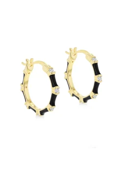 Golden Moments Yellow Gold Plated CZs Black Enamel Hoop Earrings