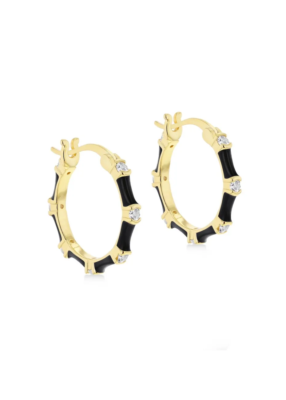 Golden Moments Yellow Gold Plated CZs Black Enamel Hoop Earrings