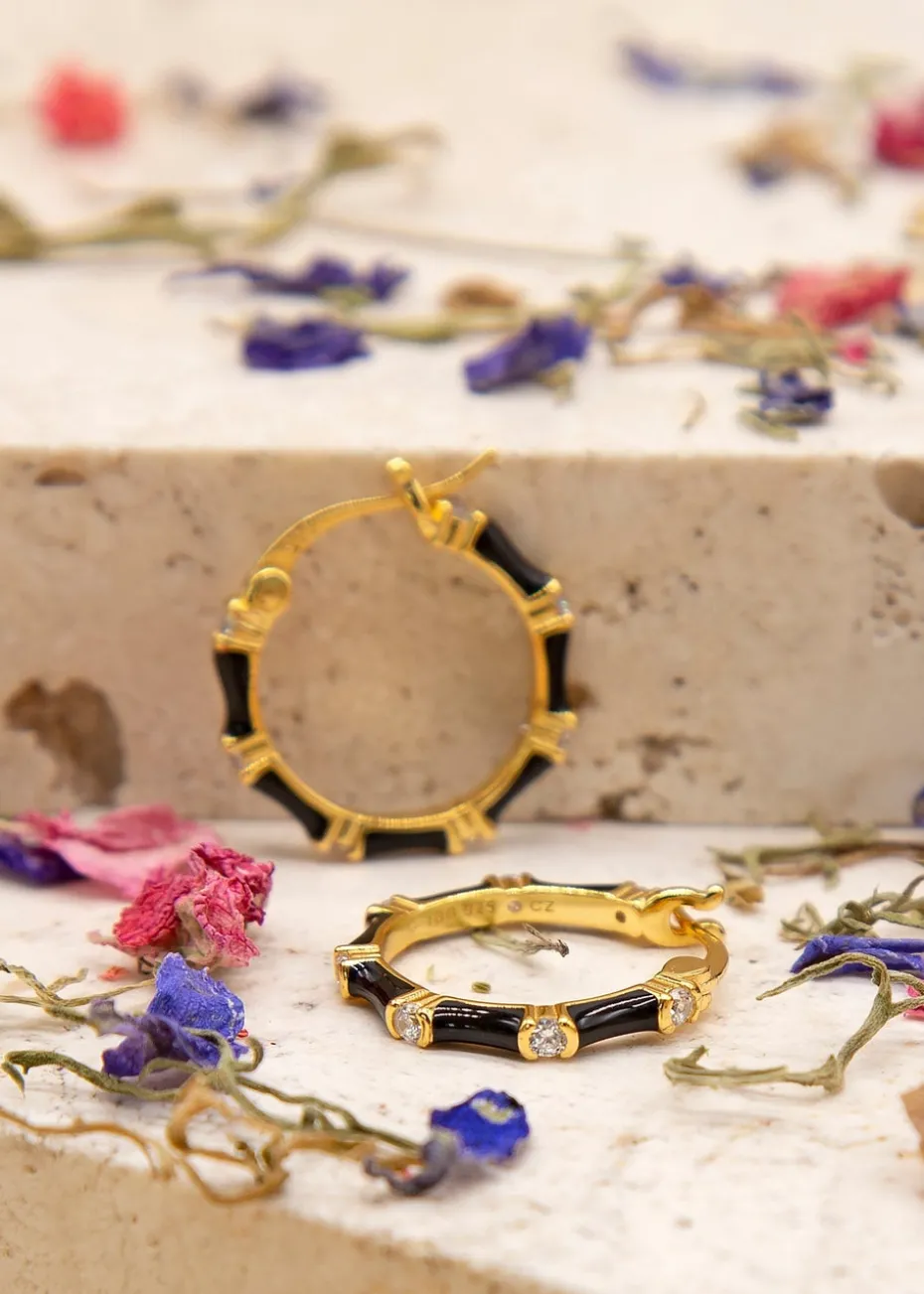 Golden Moments Yellow Gold Plated CZs Black Enamel Hoop Earrings