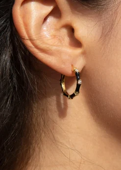 Golden Moments Yellow Gold Plated CZs Black Enamel Hoop Earrings