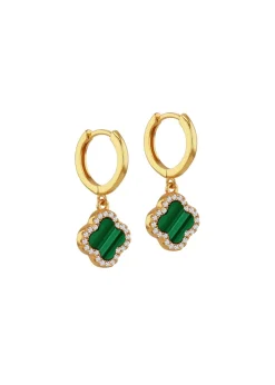 Golden Moments Yellow Gold Plated Clover Malachite CZ Huggy Earrings
