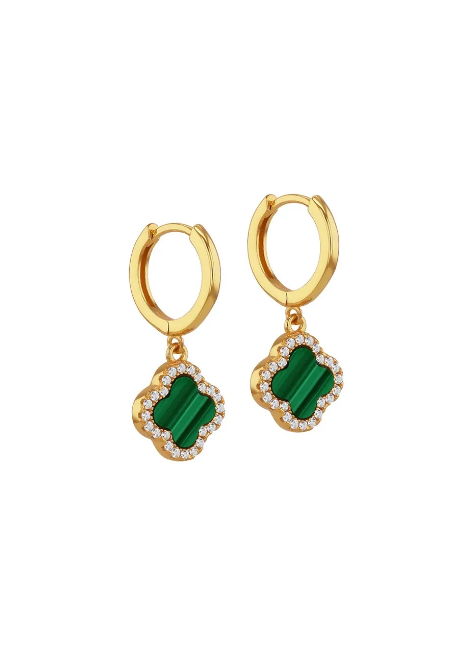 Golden Moments Yellow Gold Plated Clover Malachite CZ Huggy Earrings